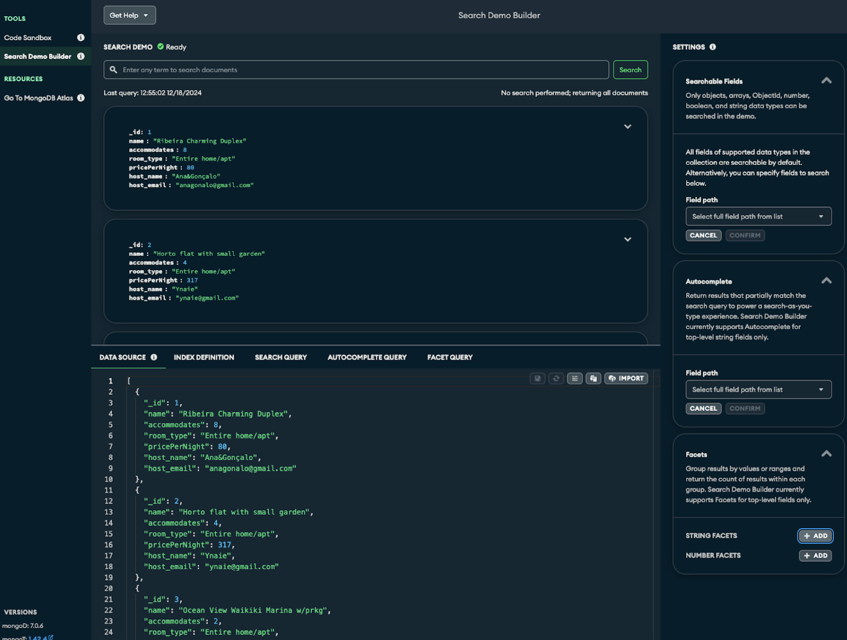 Screenshot of the Search Demo Builder showing query code and the data source code.